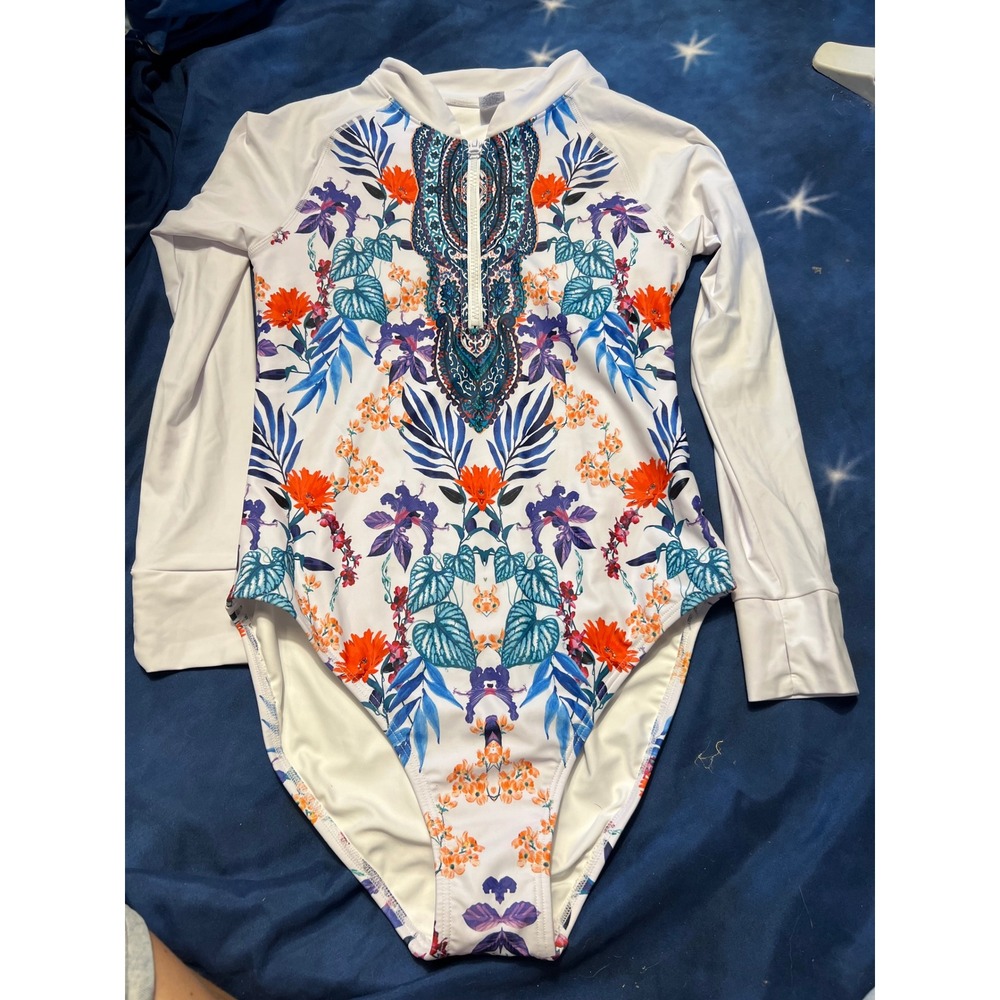 Venus Floral Paisley Long Sleeve Rash Guard One Piece Swimsuit White Orange 14